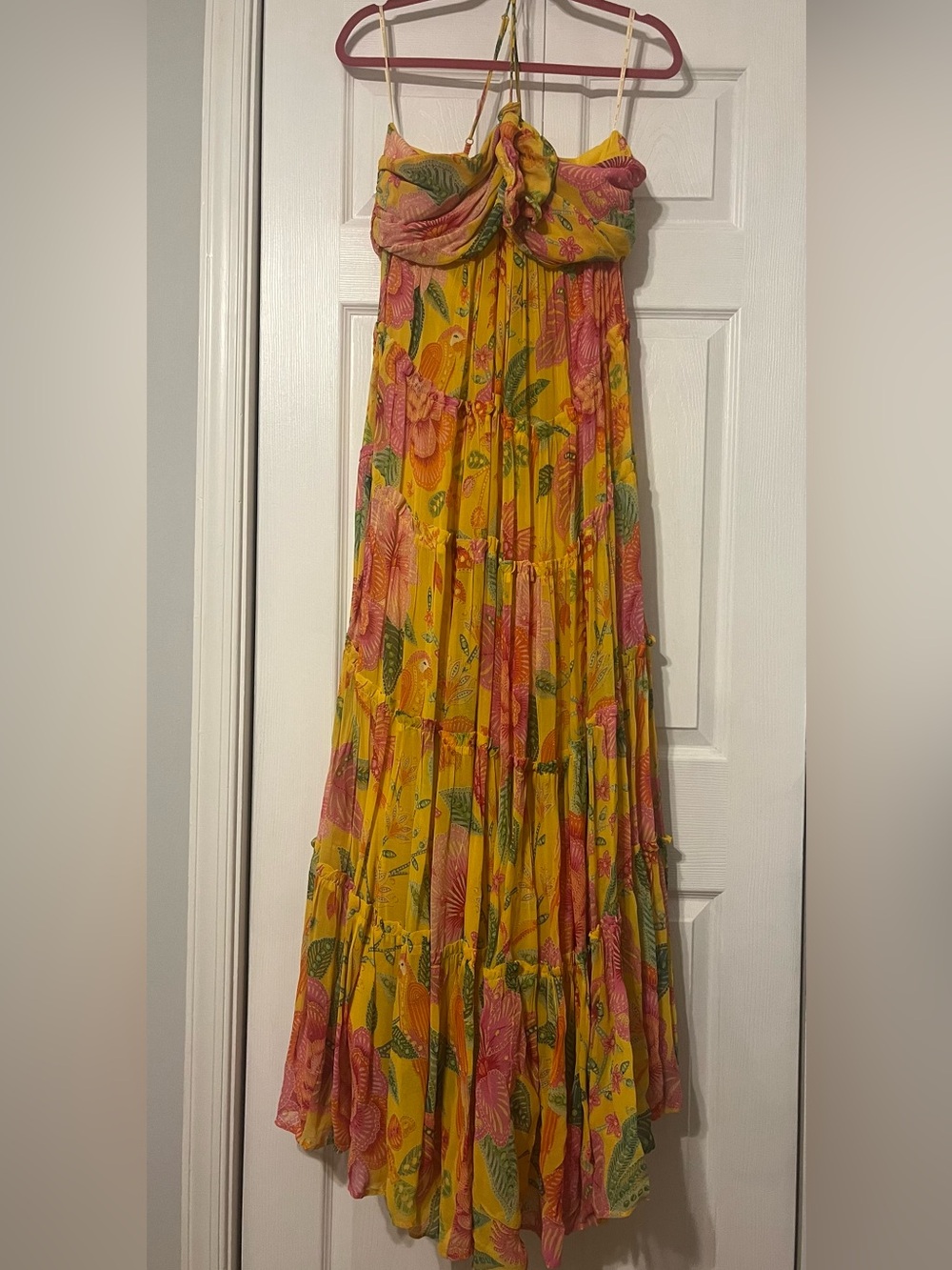 FARM Rio Yellow Floral Tiered Maxi dress with Pink & Green Accents